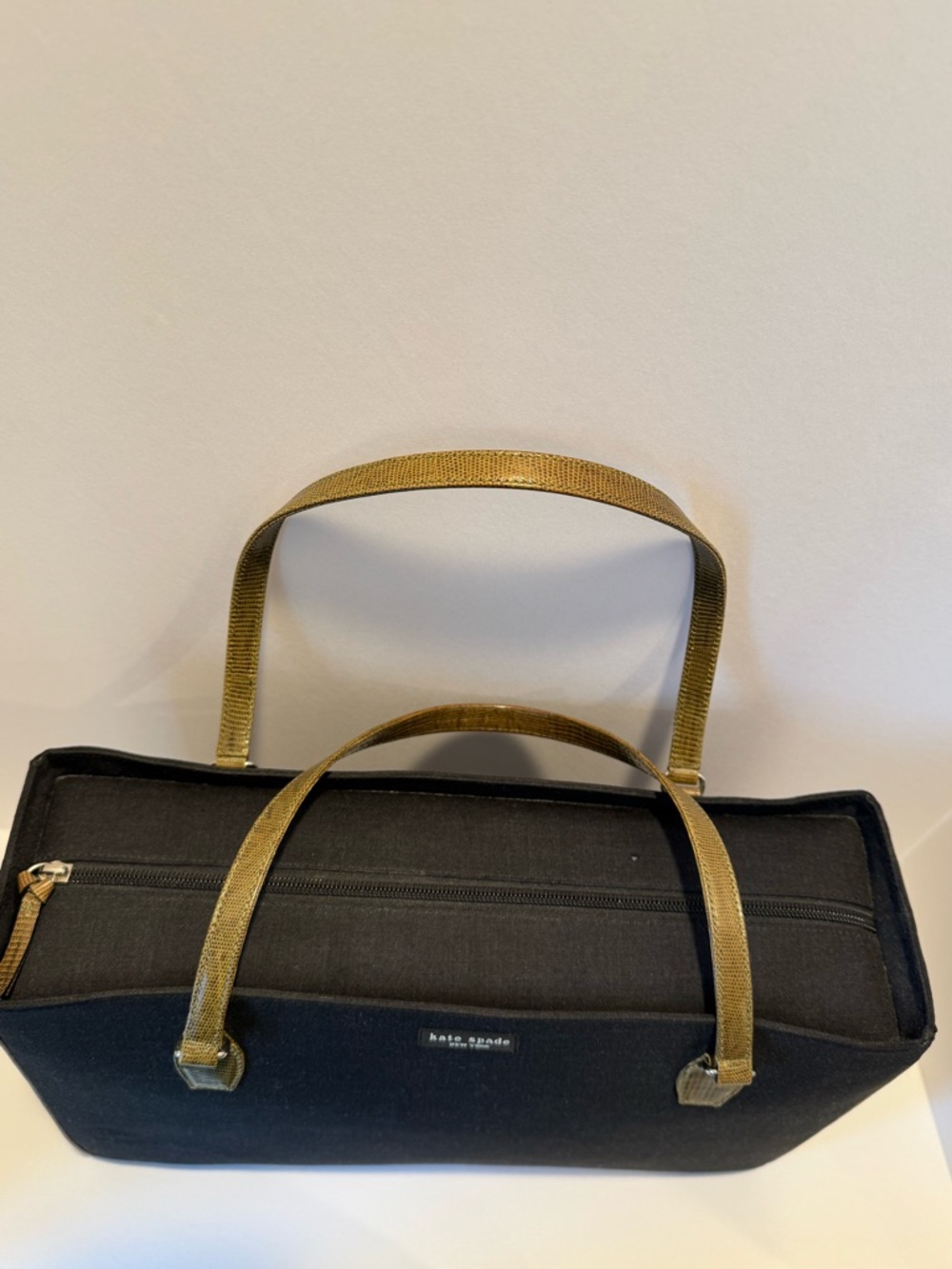 Vintage Kate Spade Black Linen Tote with Olive Lizard-Embossed Handles - Picture 4 of 7